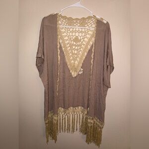 Umgee‎ Boho Taupe & Cream Crochet Kimono Beach Cover Up w/ Fringe size M/L